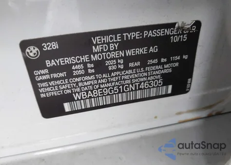 2016 BMW 328I z USA, uszkodzony, nr VIN WBA8E9G51GNT46305